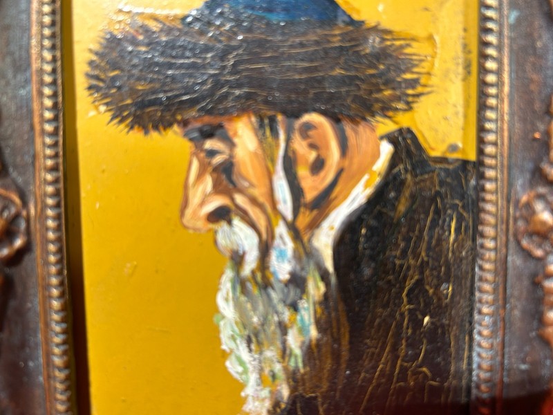 Vintage Rabbi Portrait in Bronze Framed Painting On Board gallery