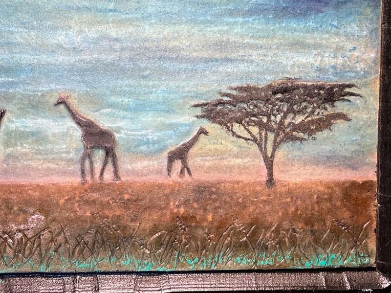 Vintage MDF Wood Panel Carving African Landscape Painting Giraffe Africa Art gallery