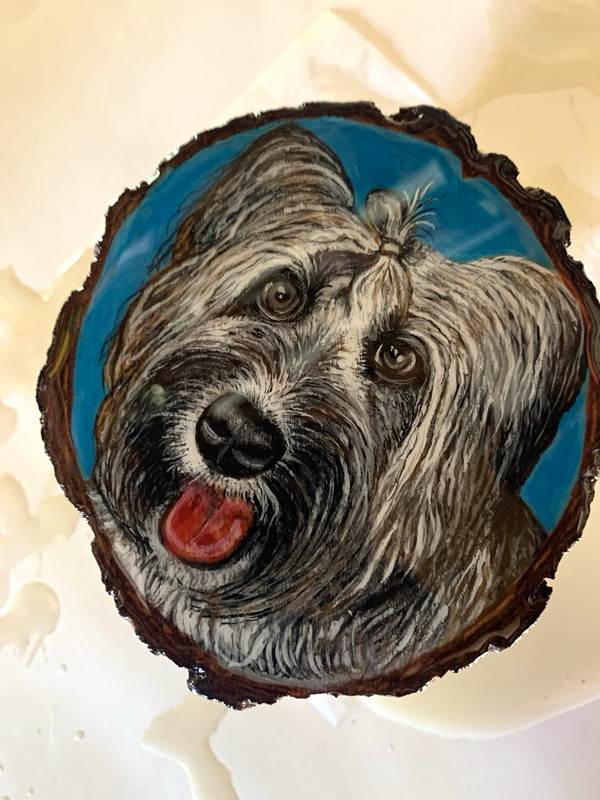 Custom Realistic Pet Portrait Painting on Round Wood Slice with Resin Finish