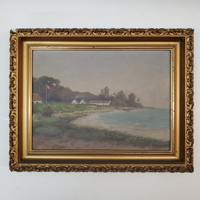 Antique Framed Carl Dahlgren Oil Painting – Shoreline Store Hedinge No.44 READ