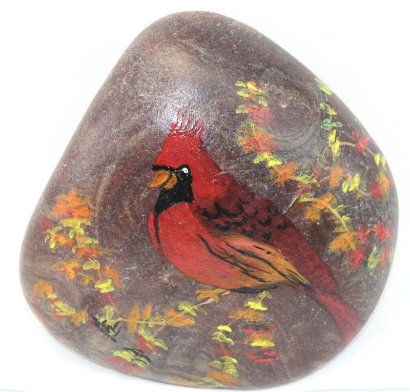 Cardinal Hand Painted Rock w/Oil Paint 5″ Diam Wt.2lb 5oz Good Doorstop