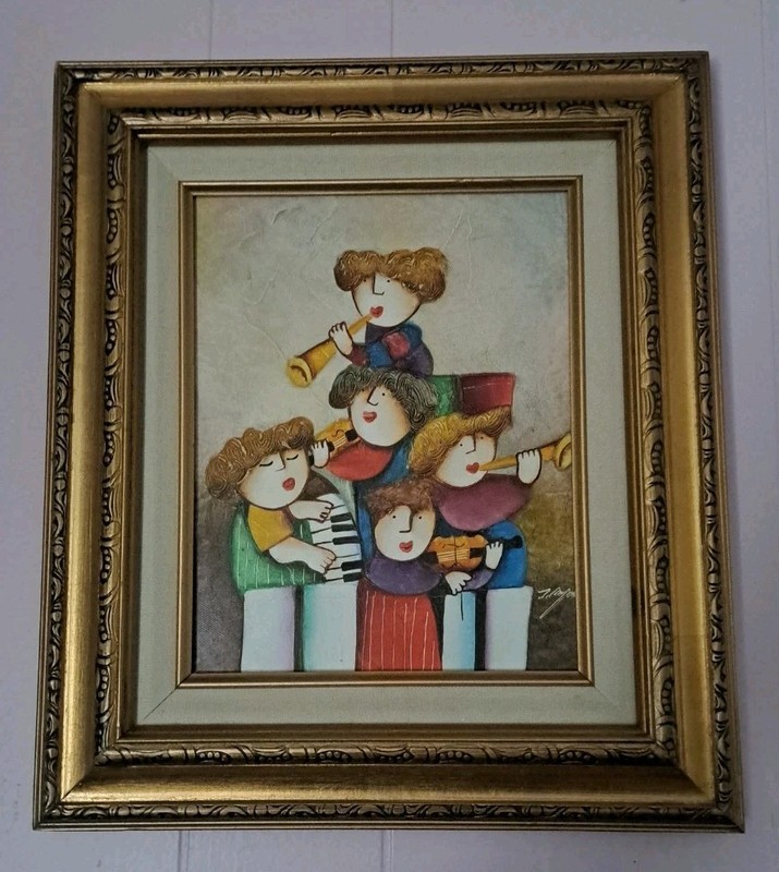 Joyce Roybal 5 Children Musicians Painting Signed With Frame.