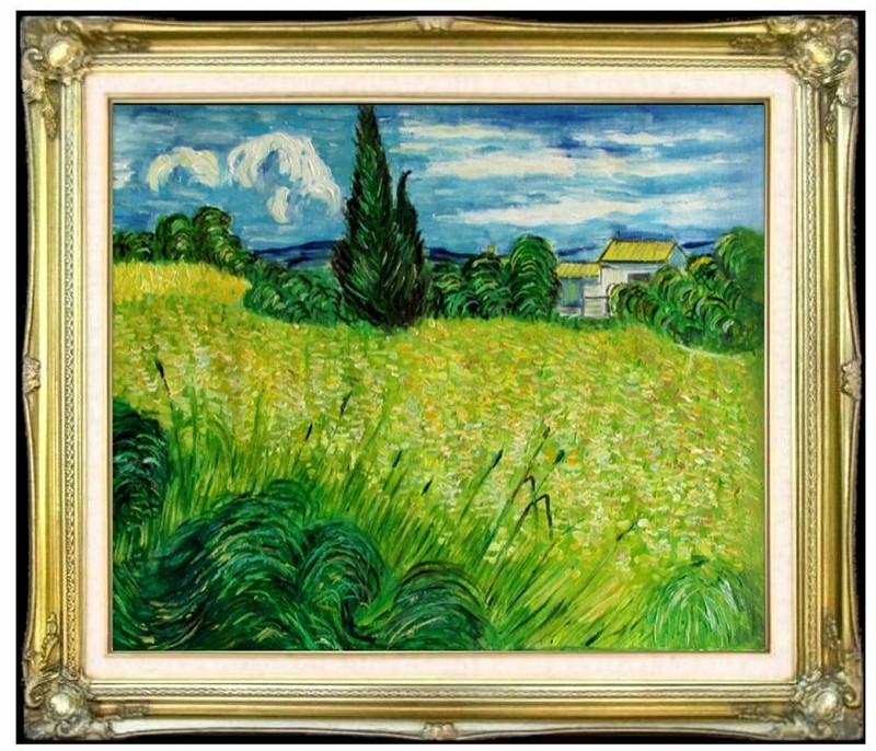 Framed Van Gogh Landscape w/ Green Corn Repro Hand Painted Oil Painting 20x24in