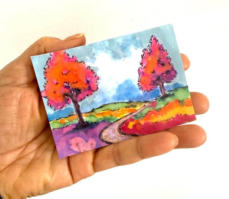 Original Landscape ACEO Painting Colorful Trees Path OOAK Art Card AdriO gallery