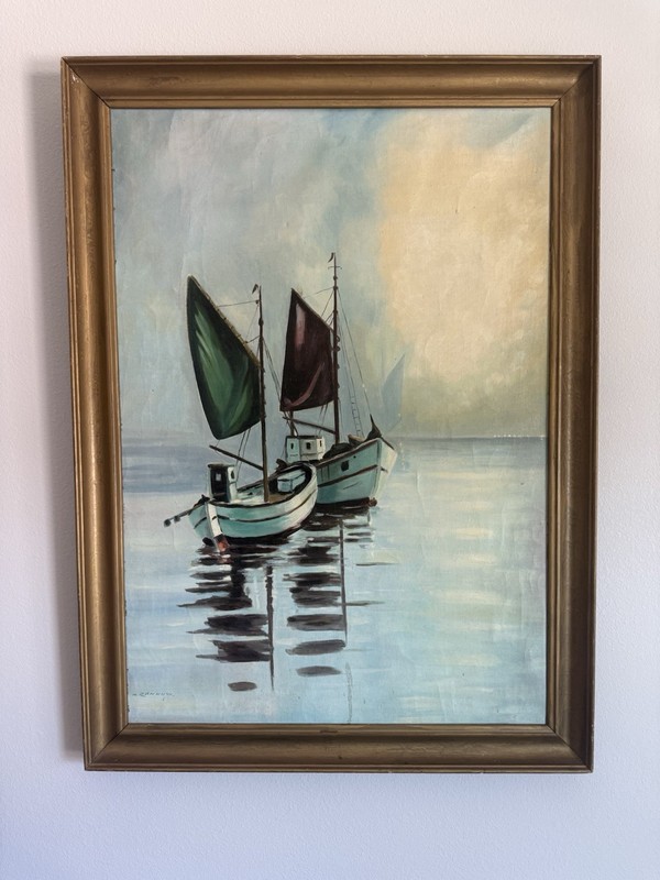 31” x 43” H. Rønnow Oil on Canvas Nautical MCM Scandinavian Framed Painting