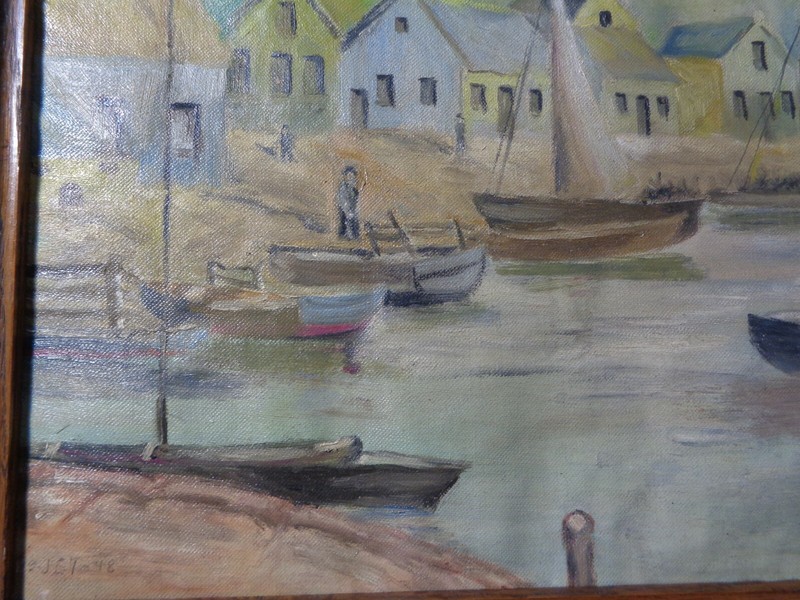 Original Watercolor or oil, Unknown Artist, signed, 1948 Sailboat 25x18 framed gallery