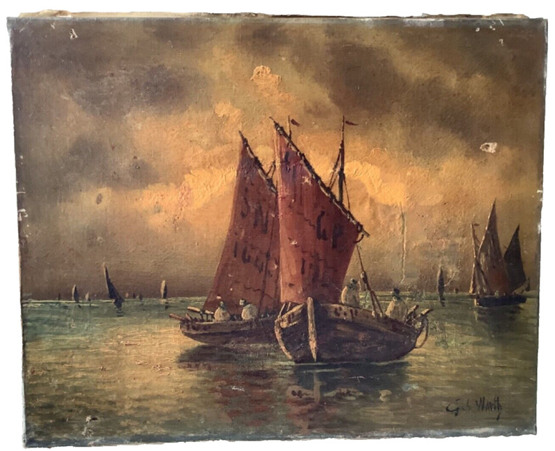 ANTIQUE SEASCAPE – FISHING BOATS AT SUNSET – OIL PAINTING SIGNED GUSTAVE WARTH