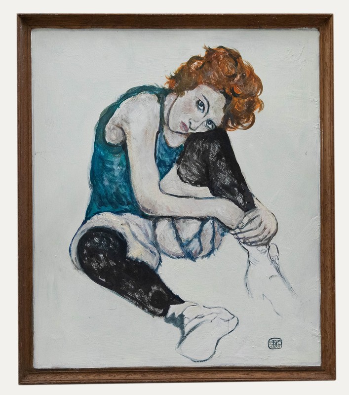 Clive Fredriksson After Egon Schiele – 1982 Oil, Seated Woman with Bent Knees