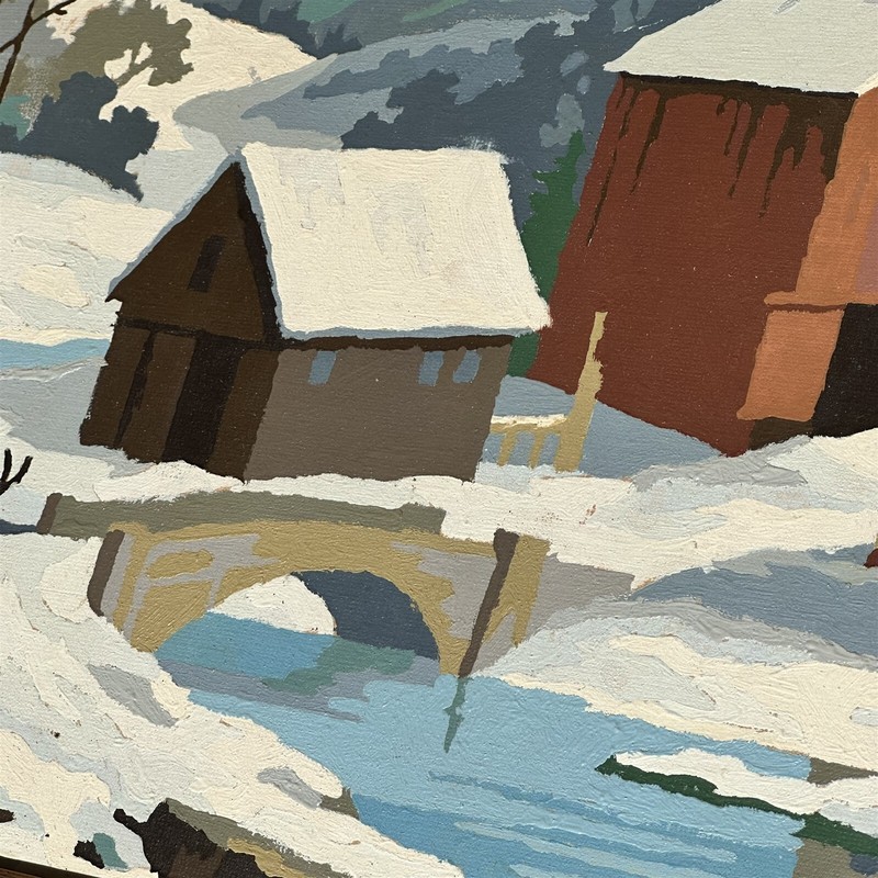 Vintage Painting Paint By Number Winter Country Scene Barns Bridge Craftmaster gallery