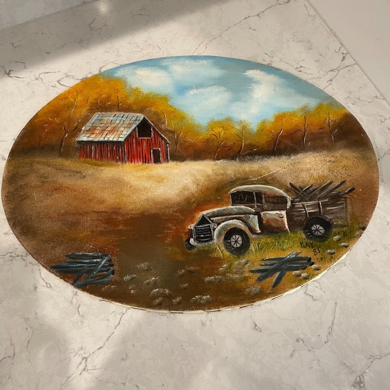 Vintage Canvas Paint Art Landscape Old Truck Oval Shape Hand Painted Wall Mount