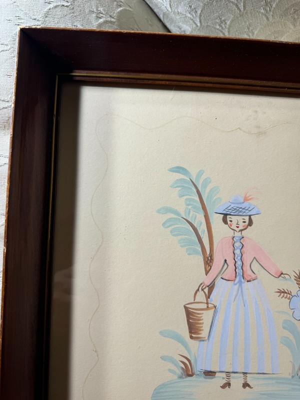 Antique Folk Art "A Young Girl Scene" Ink And Watercolor Painting - Framed gallery