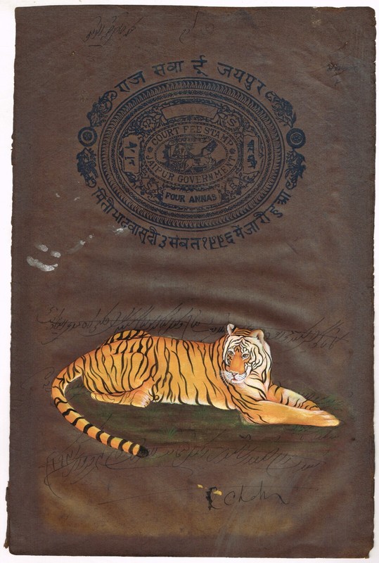 Hand Miniature Painting Of Tiger Wildlife Fine Art On Old Stamp Paper 9×13 Inch