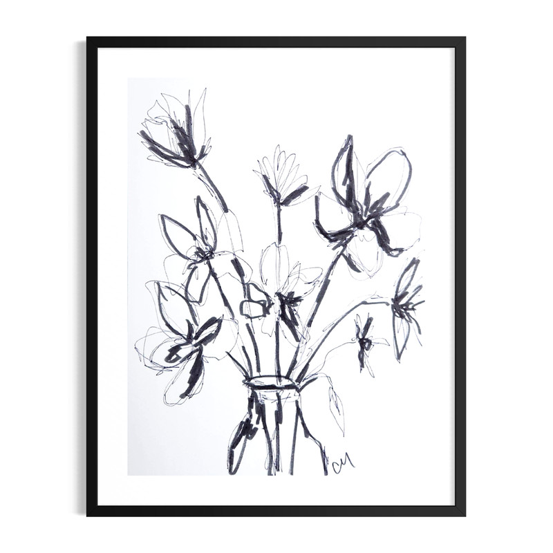 Original Minimalist 9×12 Acrylic Painting Black White Flowers Wall Art Paper