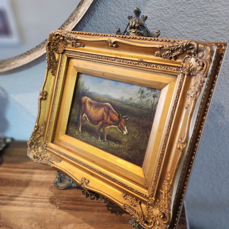 Vintage Cow Landscape Oil Painting on Canvas, Signed, Ornate Frame