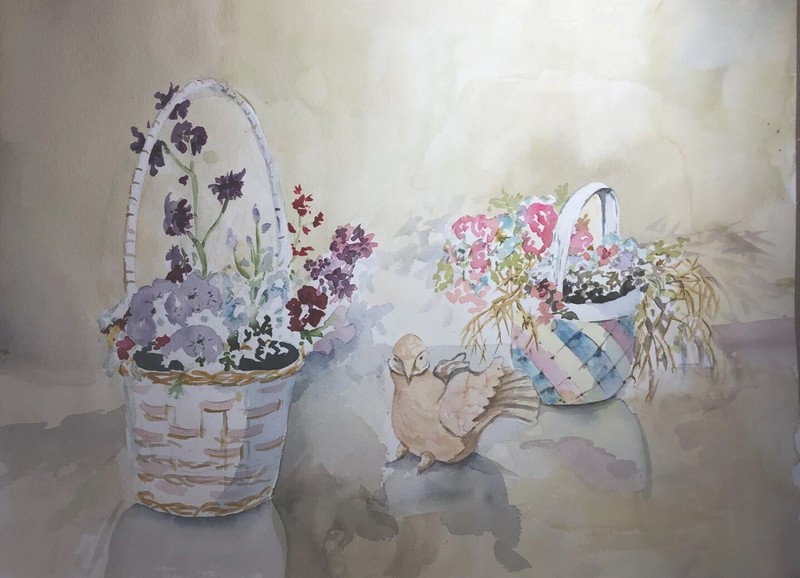 ORIGINAL ART Watercolor Painting Floral Bird Joan Perry (1928-2019) 24” X 18”
