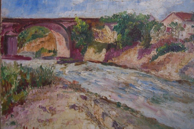 ::A. MATHIEU OIL PAINTING °RIVER LANDSCAPE WITH BRIDGE ° FRANCE NATURE ARCHITECTURE gallery