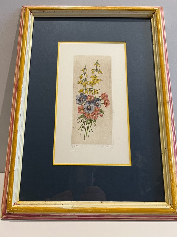 Traber Original Watercolor Floral, Signed & Framed, 5 1/4″ x 9 3/4″ (Image)
