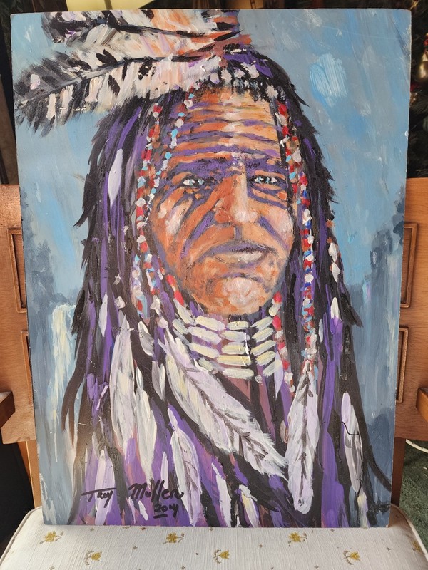 Vintage Original Oil Painting of Native American Indian Chief- Signed gallery