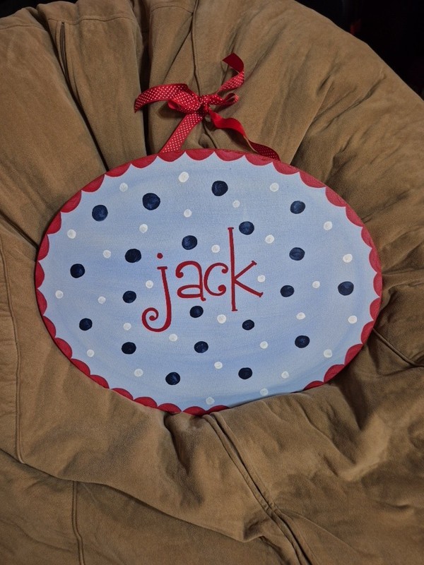 NEW Hand-Painted «Jack» Canvas Wall/door Name decor, red/ hite/blue, oval 20×16