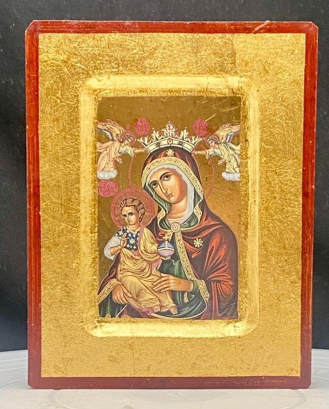 TWO GREEK ORTHODOX ICONS, CROWNED MARY & TENDERNESS VIRGINS, GOLD PAINTING, vg gallery