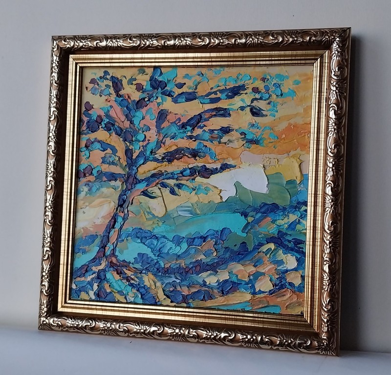 Framed Abstract Tree Landscape Lonely Tree Art 6x6 Impasto Oil Painting Original gallery