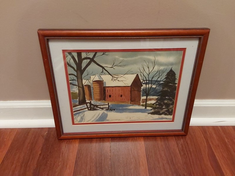 Watercolor Painting Red Barn Winter Scene Signed Framed 15.75 x 12.75″