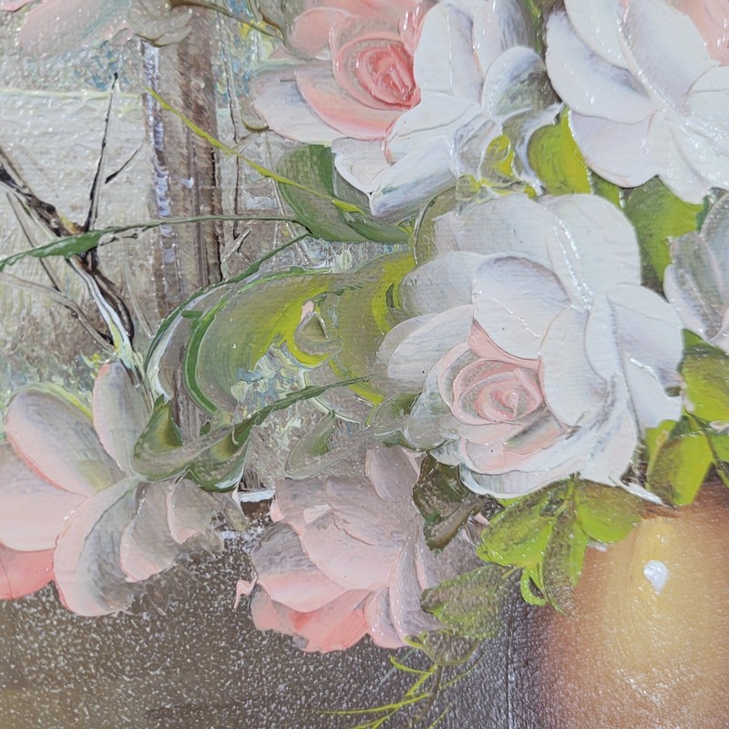 Original Painting Pink Roses in Vase in Wood Frame Signed By Artist 22 x 18 gallery