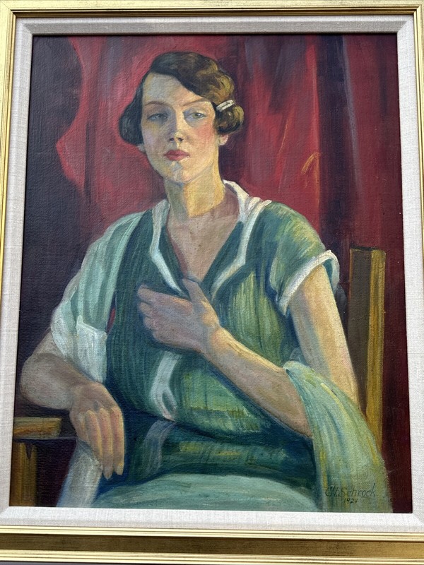 CHESTER SCHROCK PAINTING ANTIQUE ART DECO PORTRAIT PRETTY WOMAN COLORADO 1924 gallery