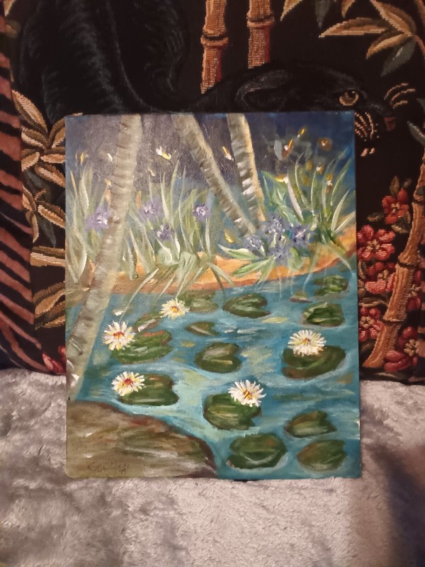 Water Lilly’s on canvas over cardboard painting.