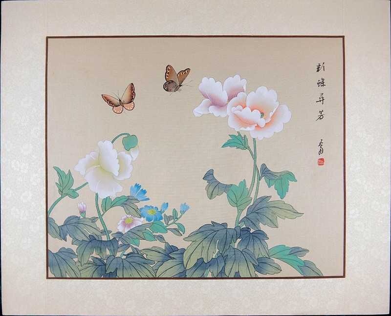 Vintage Oriental Painting, Asian Watercolor on Silk Paper, Butterflies and Poppy
