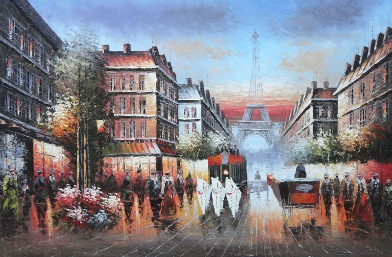24×36 Busy Street Scene Paris Eiffel Tower Pedestrian Carriage Oil Painting