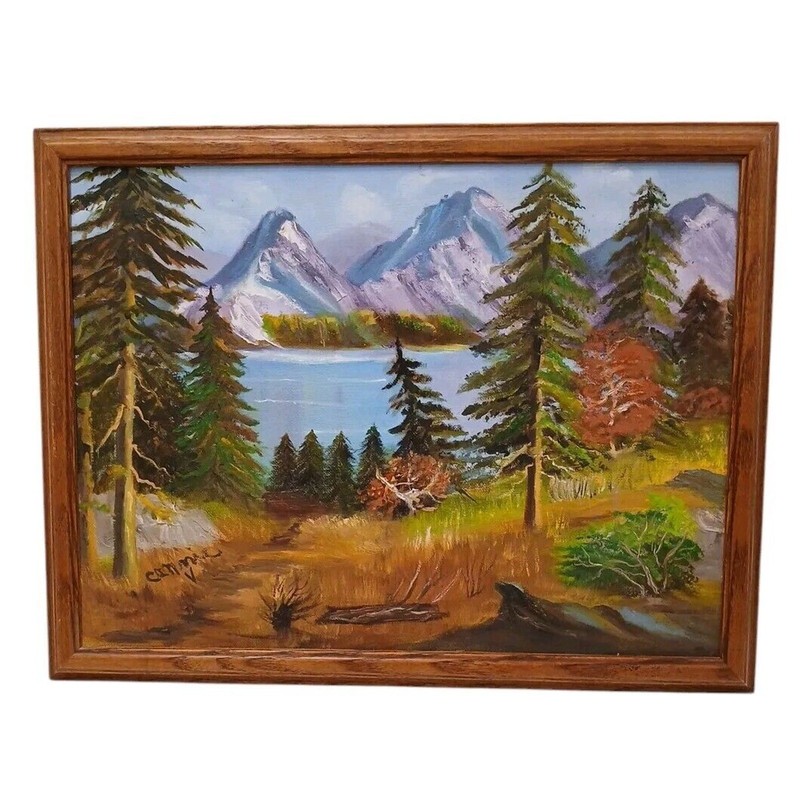Painting Mountain Fall Lake Landscape Scene 17.5 x 13 Wood Frame Original Signed