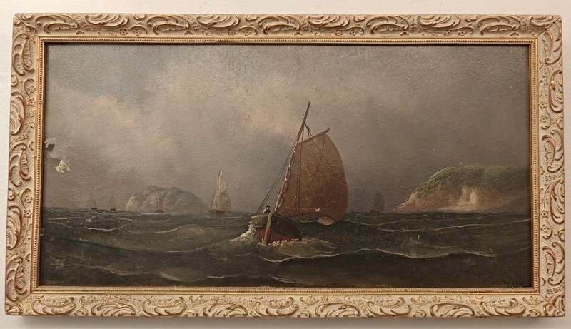 Antique Marine Seascape Oil Painting Sailboat Signed W. Post c.1880 Board