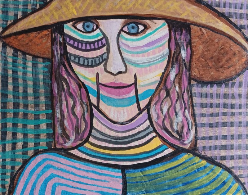Painting Original Woman Signed Abstract Puppet Reporter Portrait Picasso Style