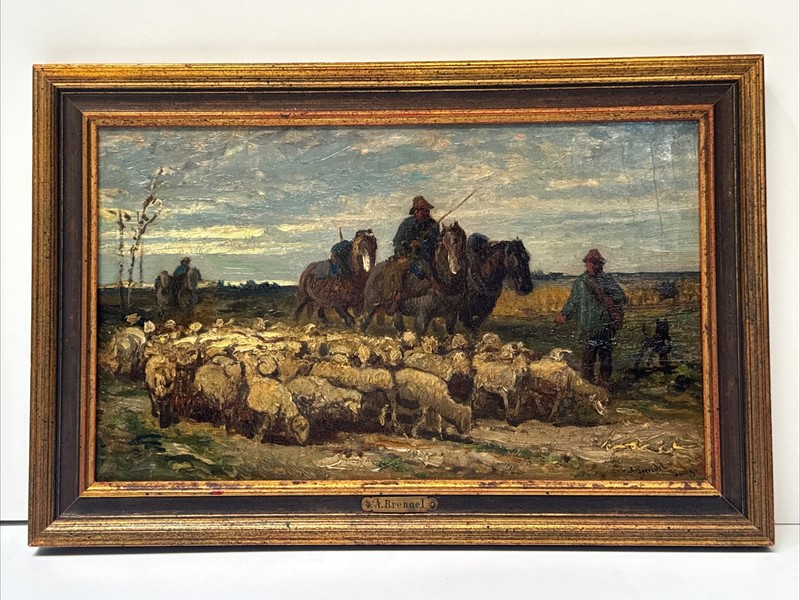 Antique Impressionist Painting Listed Famous Men On Horseback Horses Farm Sheep