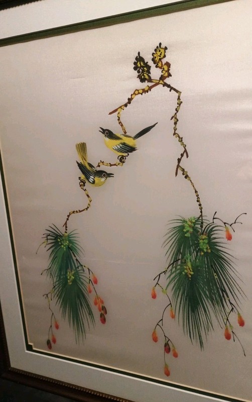 Beautiful Framed & Matted Warbler Birds Painted On Silk Asian Style Art 17 X 21" gallery