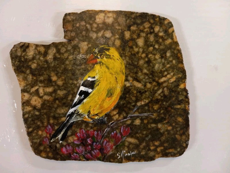 «American Goldfinch» Original Painting on Granite Slab by Sharon Hinchee