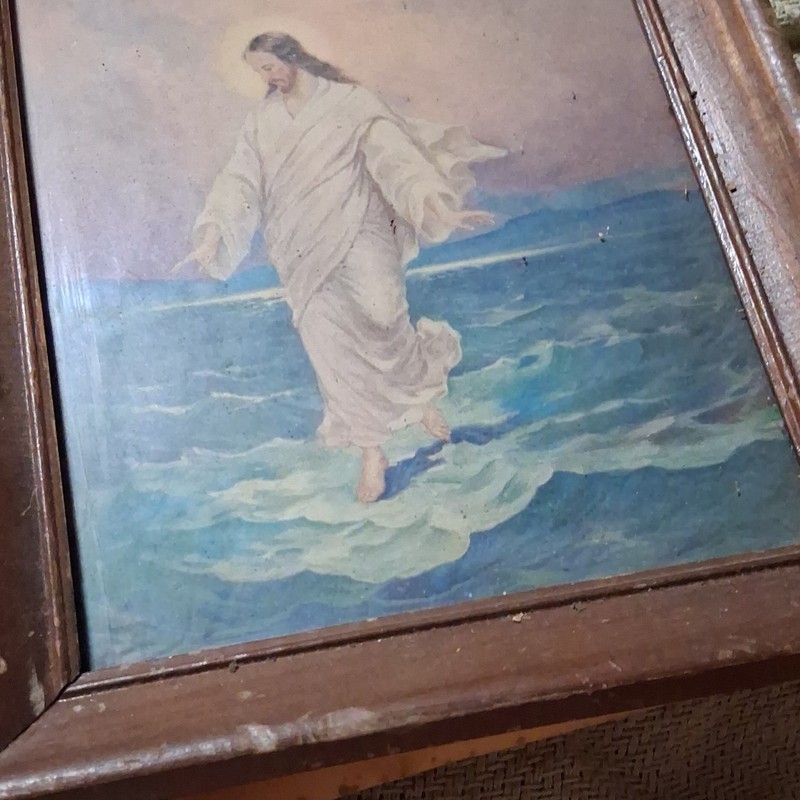 Vtg Framed Religious Painting Jesus Walking on Water Mid Century Frame