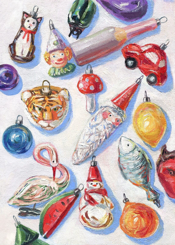 Christmas Original oil painting X-mas Christmas tree toy Hand painted 11’x8′
