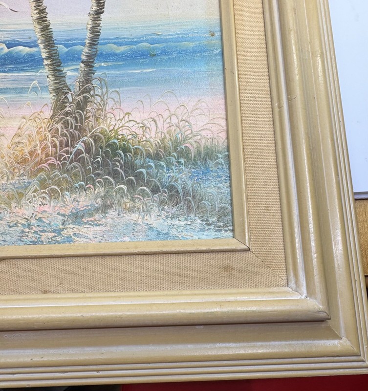 Vintage Palm Tree Beach Scene Seagulls Oil Painting Signed Framed 21”x17.25” gallery
