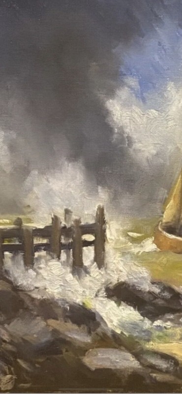 Original Impressionist Painting Seascape Waves Boat 11"x 14”Acrylic/Canvasboard gallery