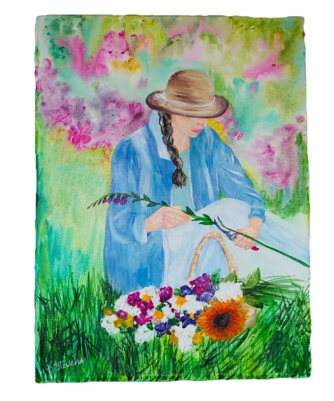 Hand Painted Acrylic on Canvas by K. Stevens, 16″ x 12″, Woman in Flower Garden