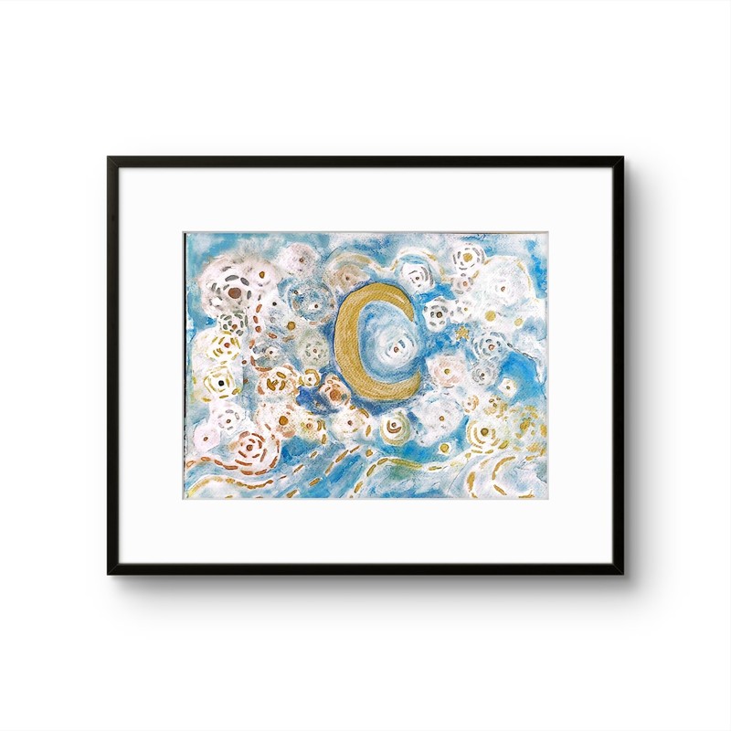 Moon And Stars Contemporary Pop Art Watercolor Painting 9×12 Signed