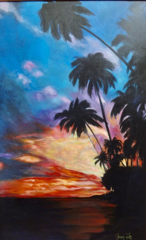 HAWAII ARTIST, 30″ x 46″ «Sunset Tropics 11 Original Oil Painting, Signed