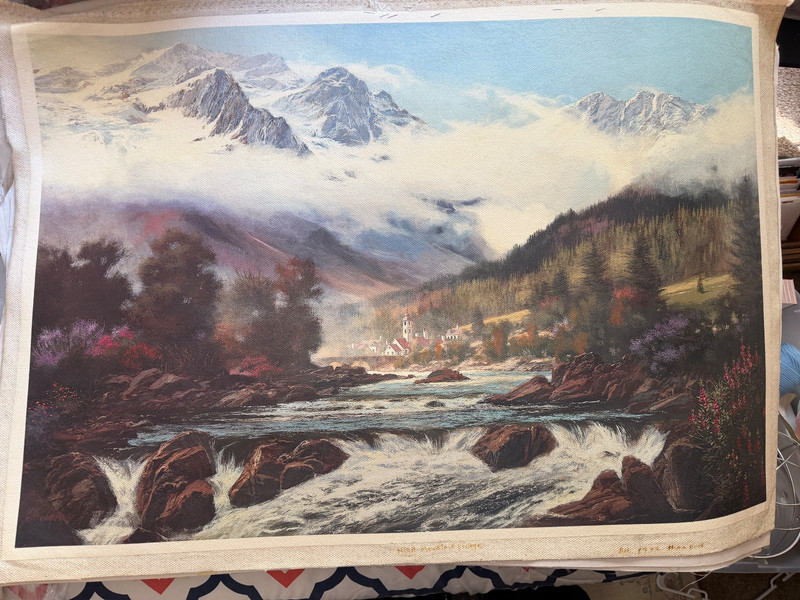 Vintage Snowy Mountain Stream Landscape Decorative Oil Painting Large Decor