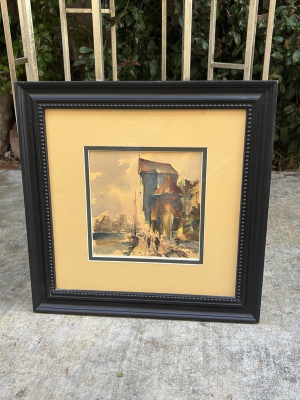 Gdańsk Crane Polish River SCENE Watercolor VNTG Professionally Framed Painting