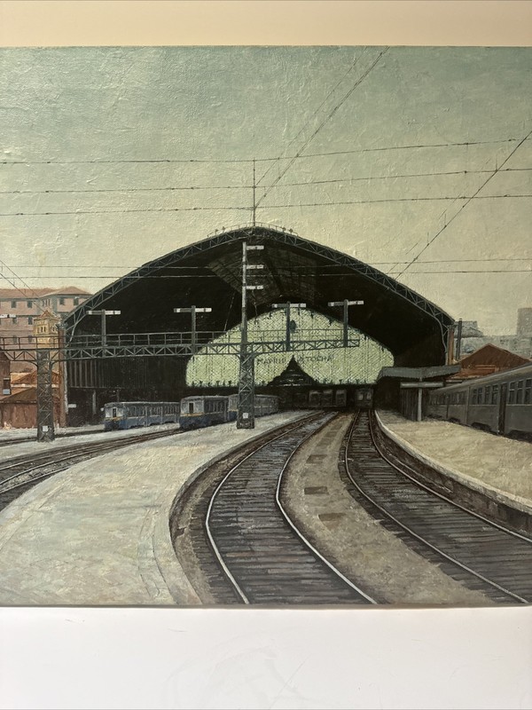 VINTAGE TRAIN STATION PAINTING URBAN REGIONALISM TRACKS RAILROAD ARCHITECTURE gallery