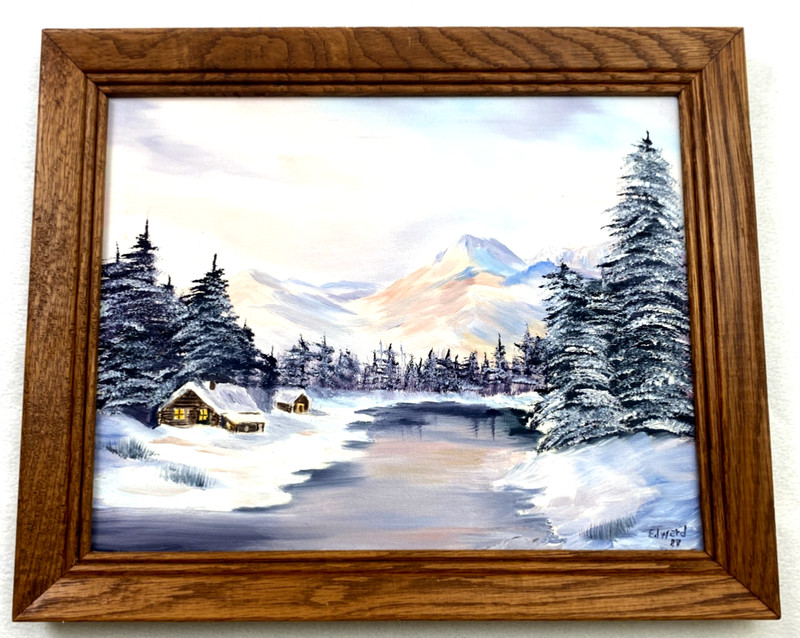 Edward 1987 Original Oil Painting Winter Cabin Creek Countryside 16″x13″ Framed