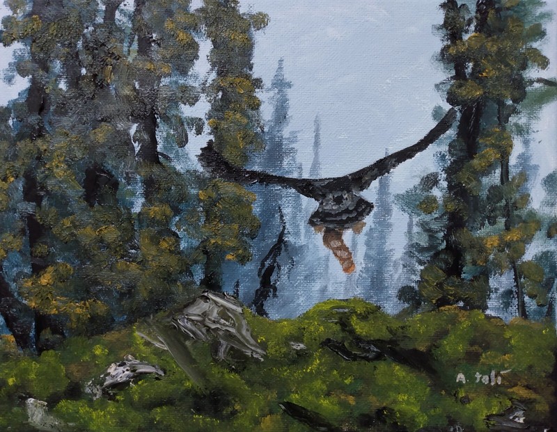 Oil Painting Hawk Bird of Prey Hunting Landscape Animal Wildlife Art by A. Joli
