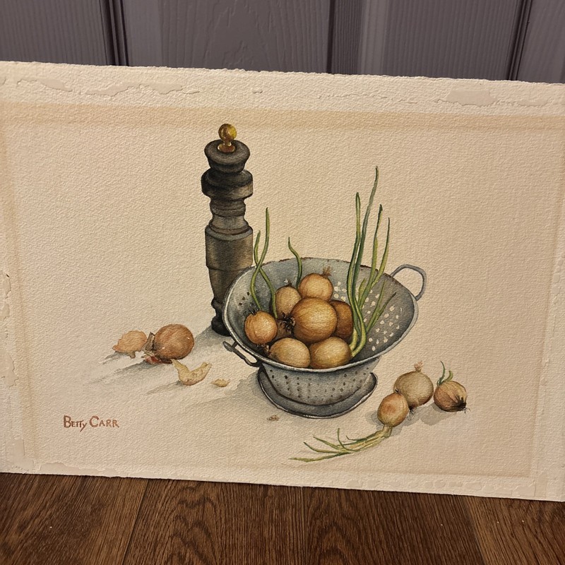Signed Betty Carr Still Life Onions-Original Watercolor Unframed 13×18”